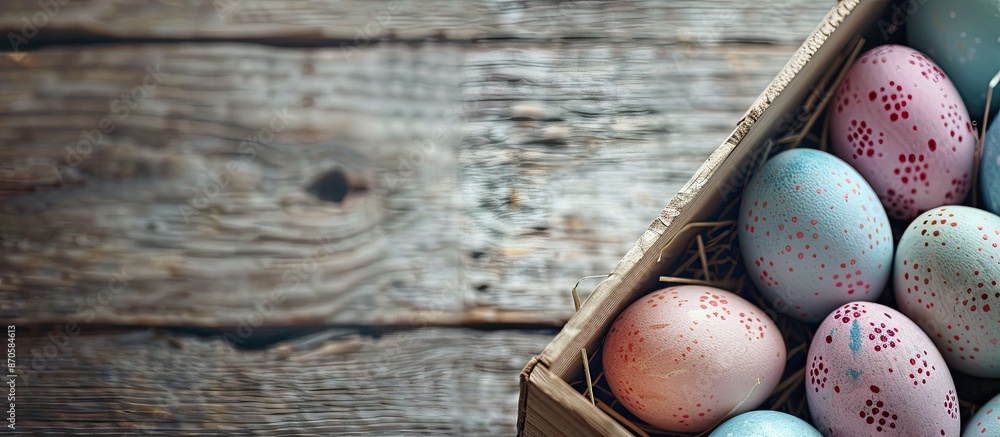 Poster Easter eggs displayed in a box on a wooden surface, perfect for featuring text or images. image with copy space