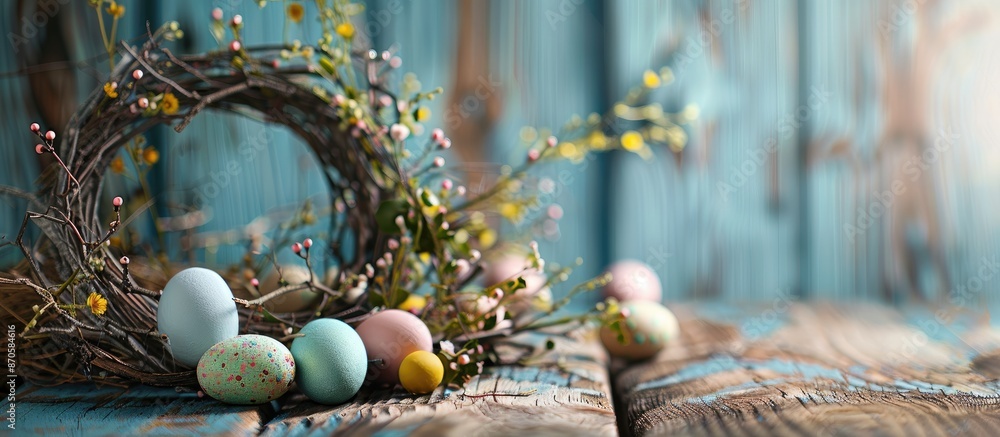 Aufkleber Festive Easter decorations like eggs and a wreath made from vines displayed on a rustic wooden table, providing an attractive background with room for text. image with copy space
