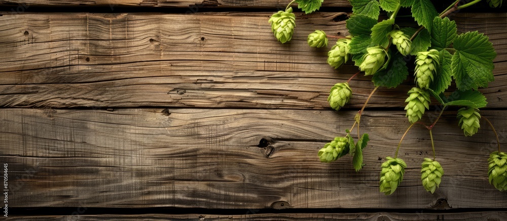 Poster An image with a green hop branch with cones is set against a rustic wooden plank backdrop, allowing for copy space in the composition.
