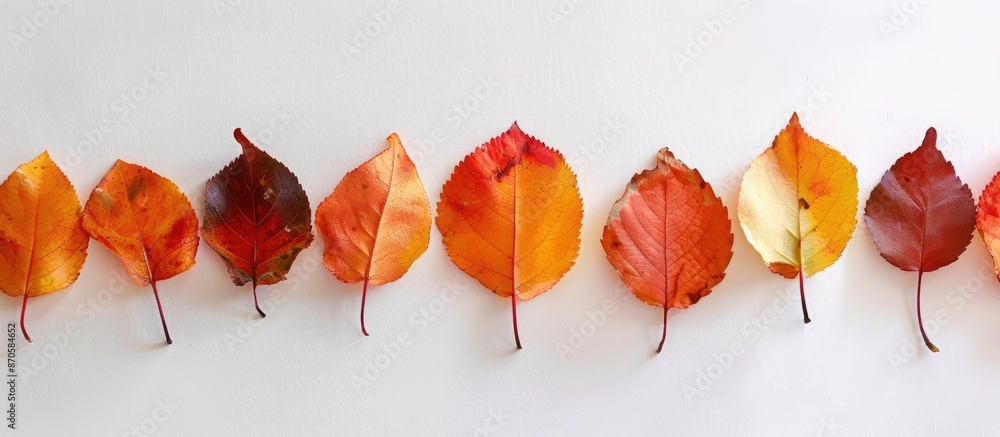 Poster Close-up view of vibrant autumn leaves on white backdrop with copy space image.