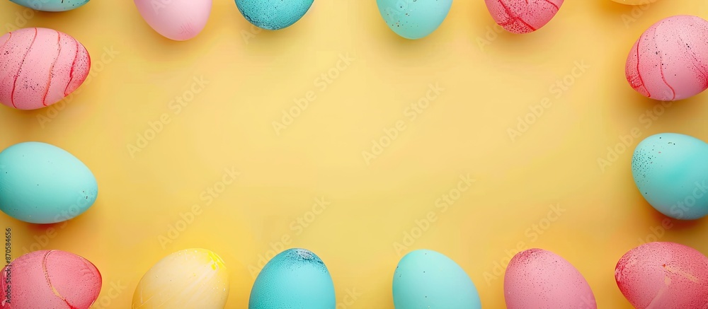 Poster Easter eggs arranged in a frame on a colorful background, with copy space image.