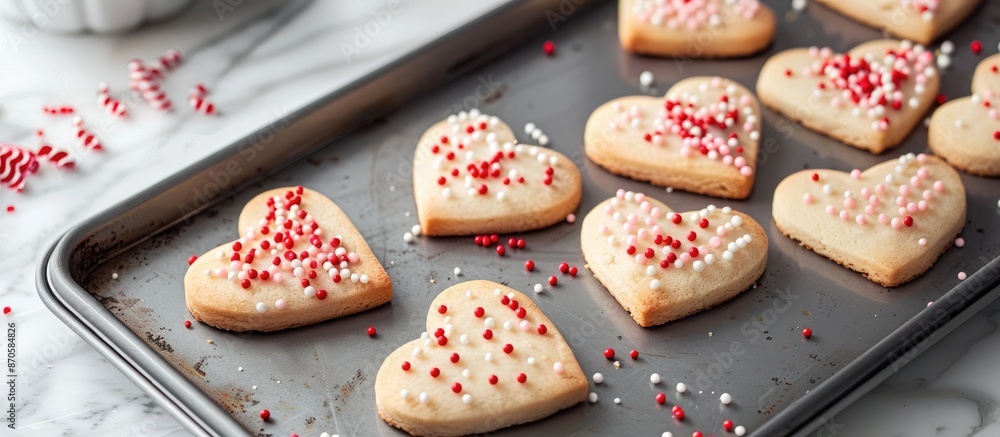 Aufkleber Create heart-shaped Valentine's Day cookies with a step-by-step recipe, using a mold for shaping and sprinkles for decoration in a copy space image.
