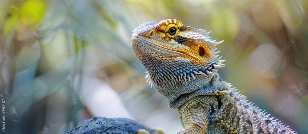 Poster Close-up image of a bearded dragon in Brisbane Botanic Gardens with a blank background for text or design additions. image with copy space