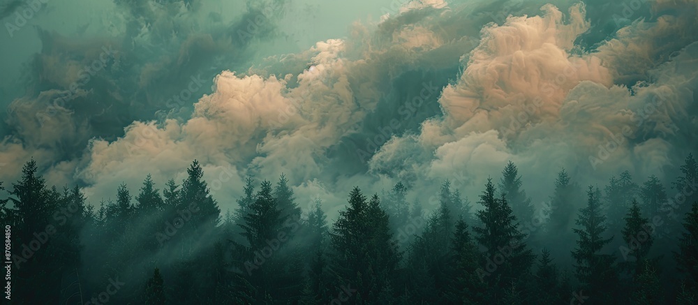 Aufkleber Clouds gathering in the sky above a forest during dusk with an impending rainfall, ideal for a copy space image.