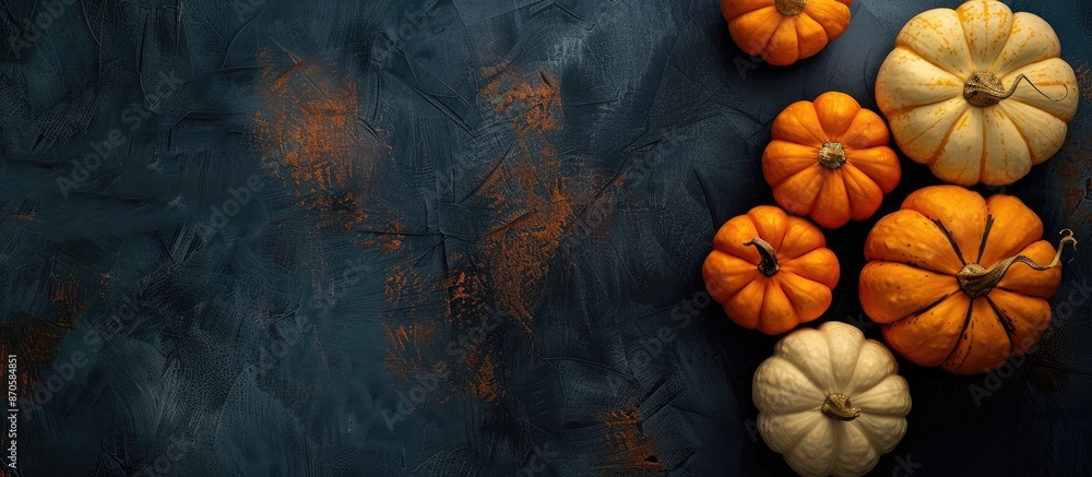 Poster autumn ambiance with pumpkins in orange and beige hues set against a dark backdrop in a horizontal c