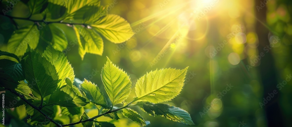 Poster closeup image of leaves in a sunlit forest during spring or early summer, conveying ecological and t