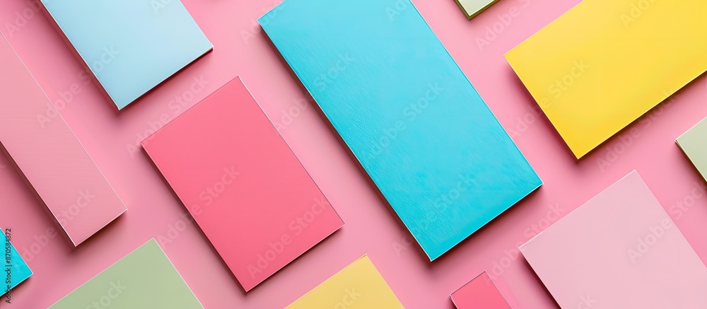 Aufkleber Flat lay mockup of business cards on a colorful background with an empty area for text, designed for customization and adding information. image with copy space