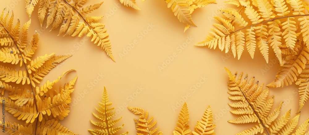 Poster Beige background adorned with top-view yellow autumn fern leaves, creating a flatlay composition with ample copy space image.