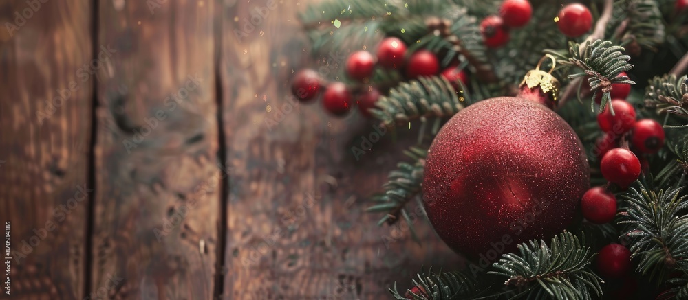 Poster close-up view of a christmas decoration against a wooden backdrop with copy space image.