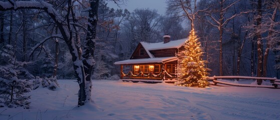 Cozy cabin in a snowy forest with a lit Christmas tree.