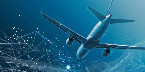 Fototapeta premium Global Aviation Connectivity: A High-Tech Airplane Navigating Through a Digitized World Map