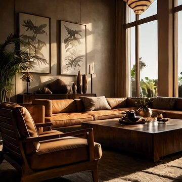 villa interiors with harsh sun light with a light brown mood, the furniture should be elegant and modern with an nature touch, the sould should be a macro shot on some element in the room