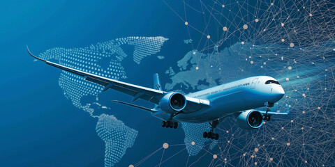 Fototapeta premium Ascending into the Future: The Intersection of Aviation and Digital Connectivity in a Technological Sky
