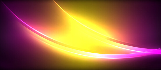 Neon glowing circle rays, light round lines in the dark, planet style neon wave lines. Energetic electric concept design for wallpaper, banner, background