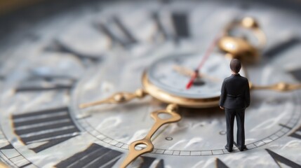 Clay toy cartoon businessman inside clock golden tick Roman numeric close up shot time is ticking running out of time