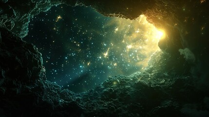 Obraz premium Enchanting Cave Portal Illuminated by Celestial Light from Distant Constellations
