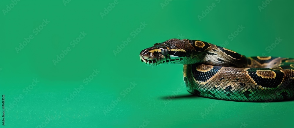 Poster Carpet python on a green backdrop in a studio setting, with copy space image.