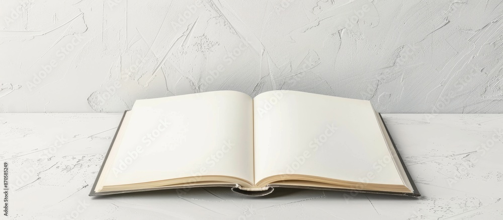 Poster An empty open book rests on a white desk with copy space image.