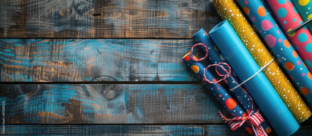 Poster Colorful wrapping papers and scissors displayed on a vintage wooden table with copy space image.