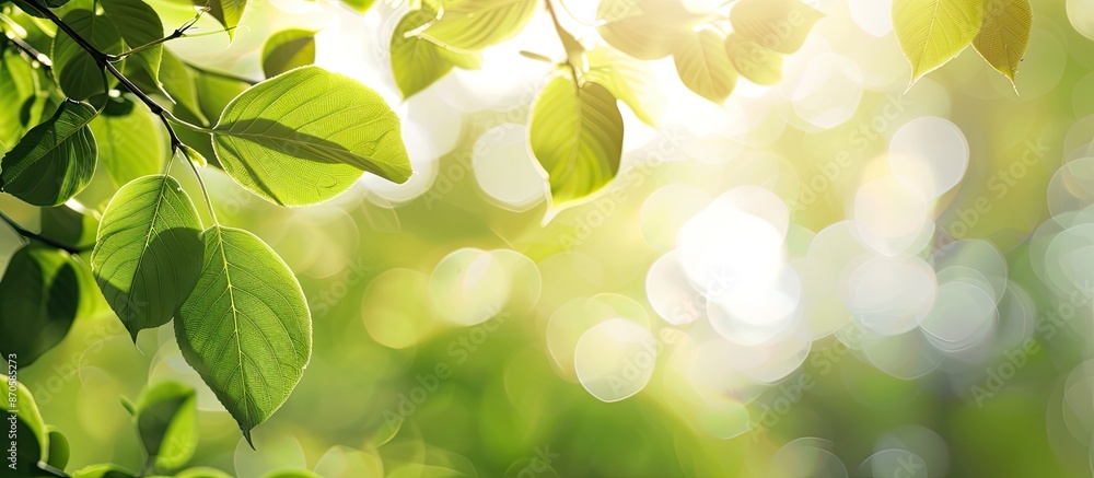 Poster Close-up of light green leaves and sunlight in a park, creating a beautiful nature-themed bokeh effect with a blurred background for a web banner or header with copy space image.