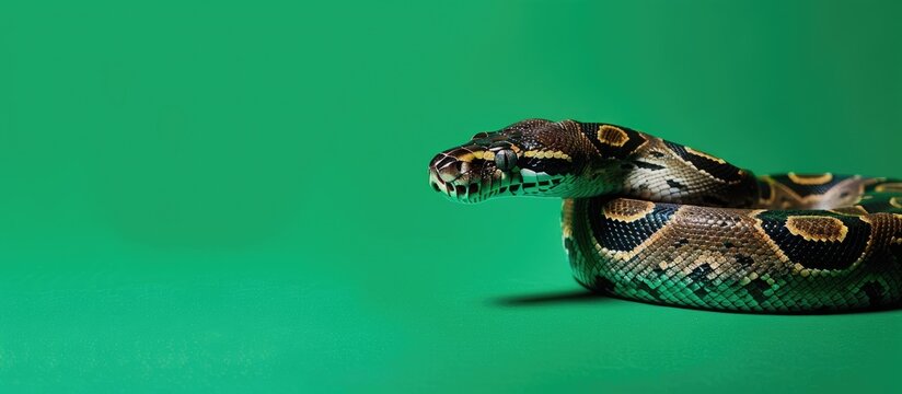 Carpet python on a green backdrop in a studio setting, with copy space image.