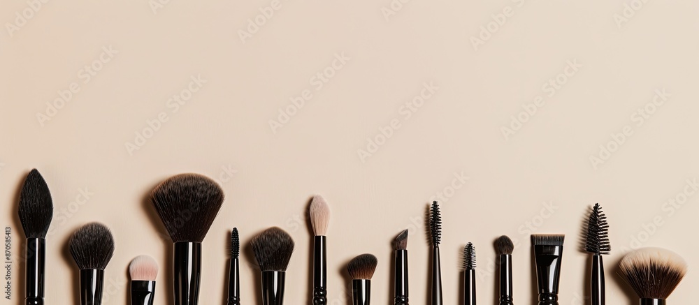 Poster close-up of a collection of high-quality makeup brushes displayed on a beige backdrop, providing roo