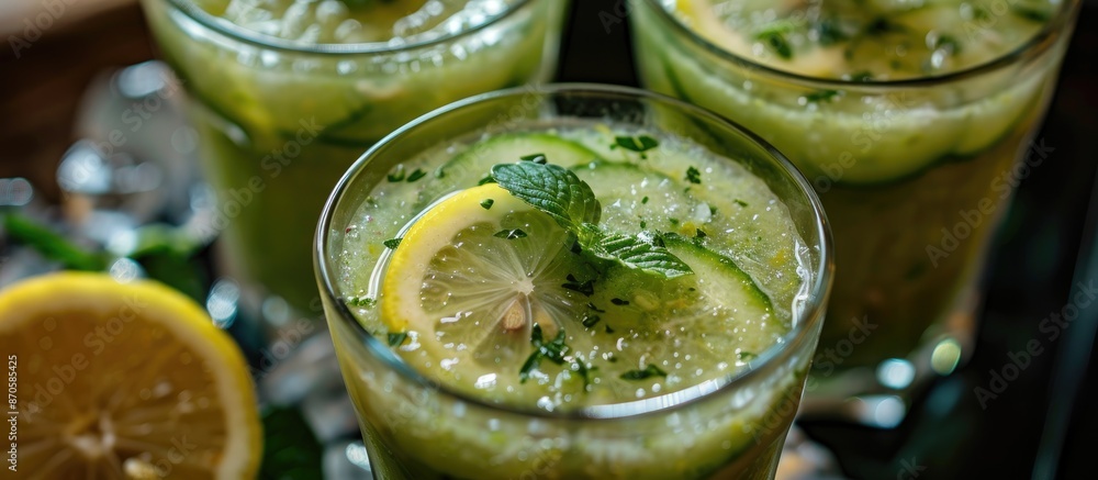 Aufkleber Chilled cucumber soup garnished with lemon, featuring a refreshing taste. image with copy space