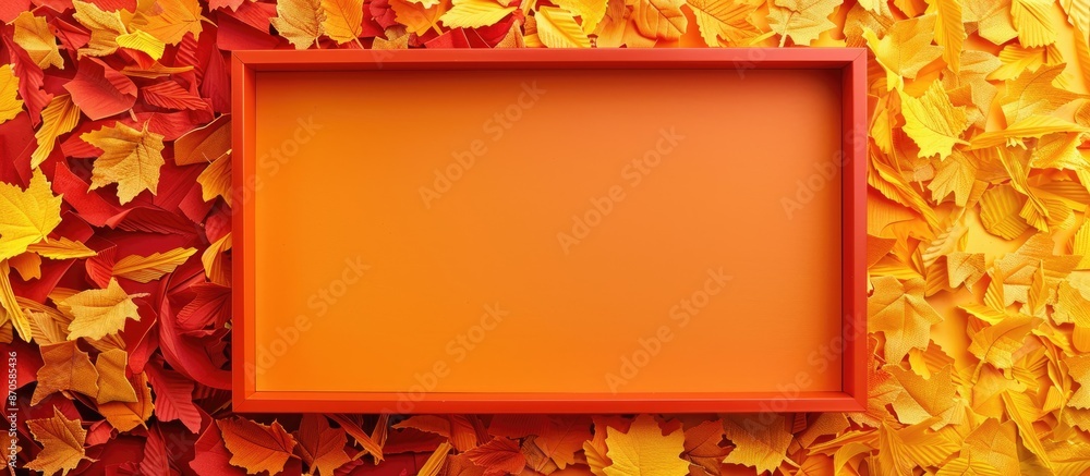Poster Creative autumn-themed art design featuring an orange frame with copy space, set against a background of chopped yellow and red paper on the left and right sides.