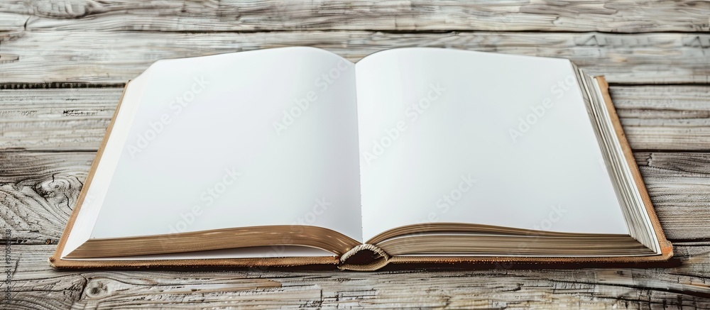 Poster Blank square book lying open on a light wood table with copy space image.