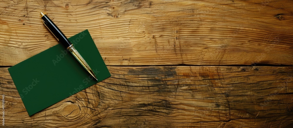 Poster elevated view of a green card and pen on a textured wooden desk, offering a copy space image for you
