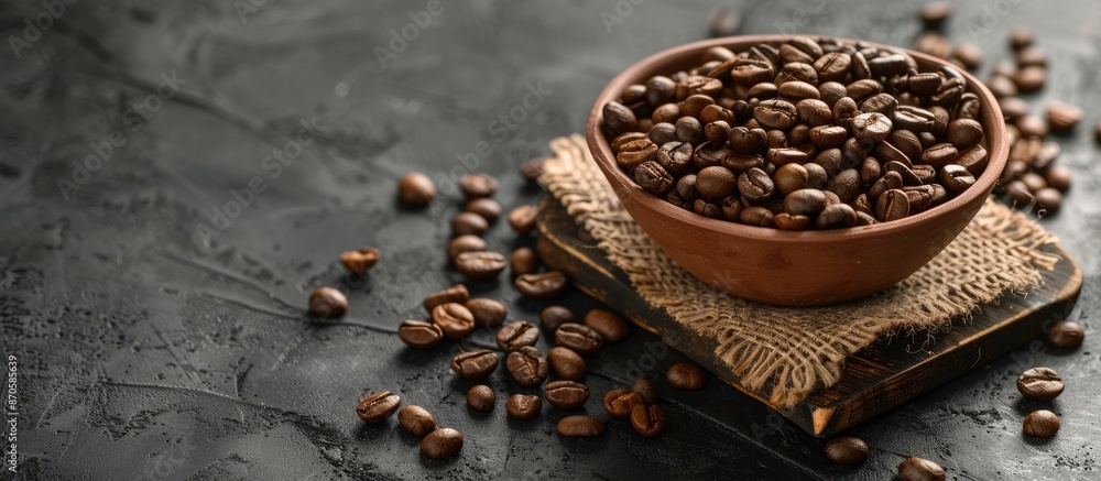 Poster close-up of coffee beans in a clay bowl on a wooden board with a textured copy space image on a blac