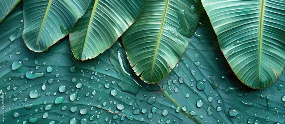 Poster Beautiful morning water drop on banana leaf pattern with a textured background, perfect for adding text with copy space image.