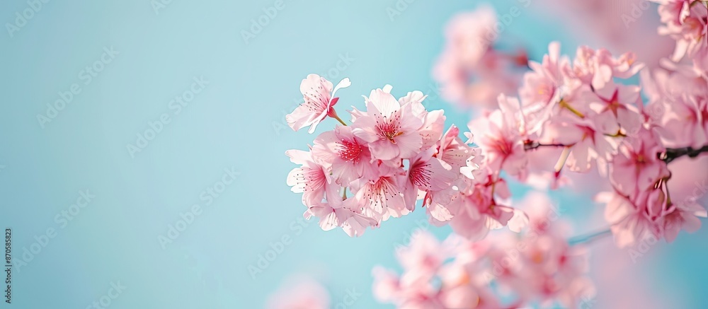 Poster cherry blossom sakura tree in full bloom against a blue sky, creating a lovely floral background wit