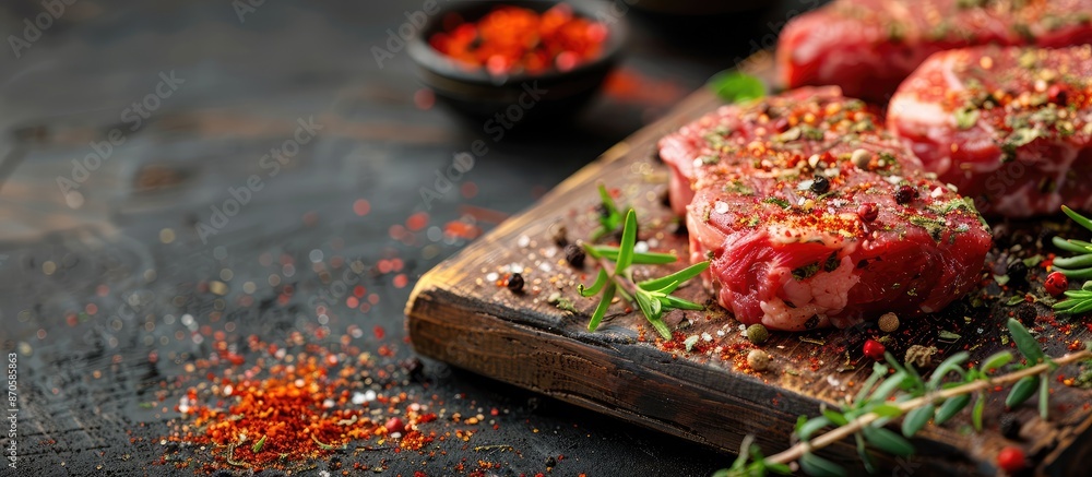 Poster An aged cutting board holds three uncooked meat slices seasoned with spices, with selective focus on the setup for a copy space image.