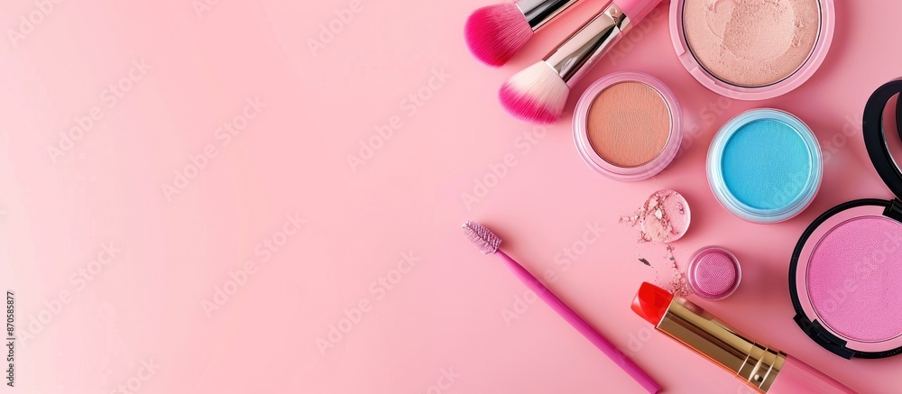 Poster colorful cosmetics set on a pink background with copy space image.