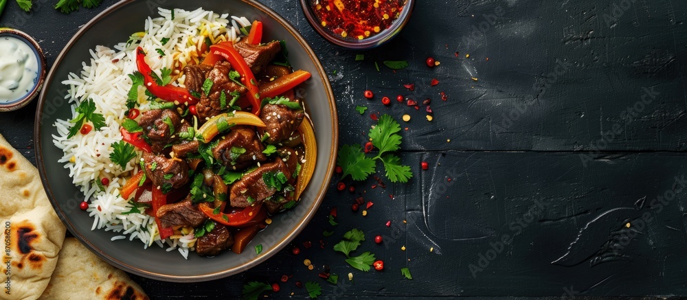 Poster asian beef stir-fry with sweet peppers, rice, and naan bread showcased in a top-view setting on a da