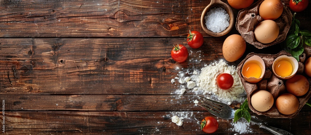 Aufkleber Eggs and raw ingredients arranged on a wooden table for baking preparation, with a spacious image for text or design overlay. image with copy space
