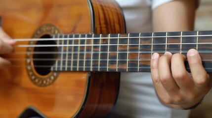 Obraz premium Close-up shot of a persons hand playing an acoustic guitar