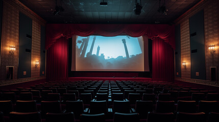 A movie theater with red curtains and empty seats