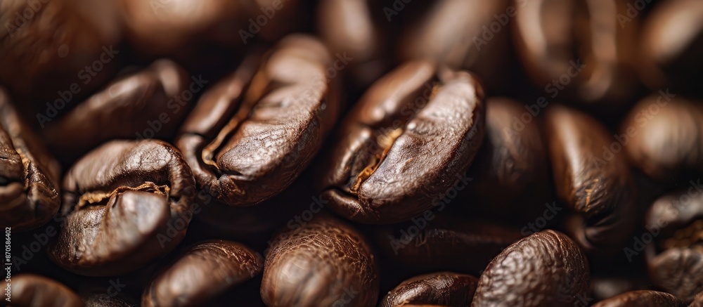Poster detailed shot of roasted coffee beans with ample space for text or graphics, perfect for a copy spac