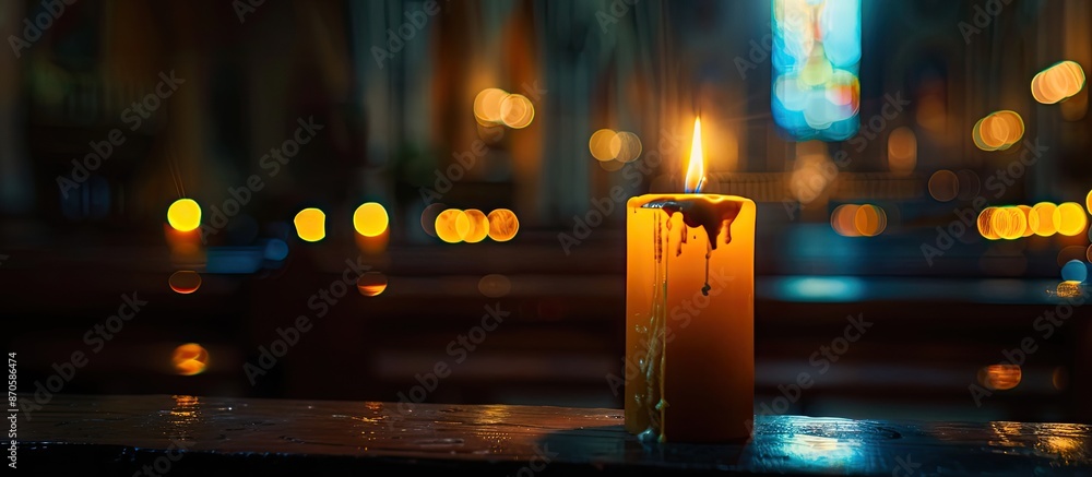 Aufkleber atmospheric photograph of a candle in a catholic church, with blurred flames and space for text, cre