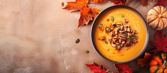 Creamy pumpkin soup topped with nuts, all against a backdrop of a captivating copy space image.