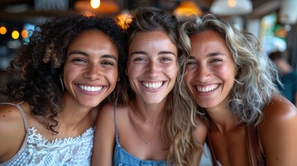 Fototapeta premium Three friends smile brightly as they pose for a photo inside a cafe