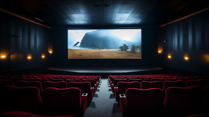 A movie theater with a large screen and red seats