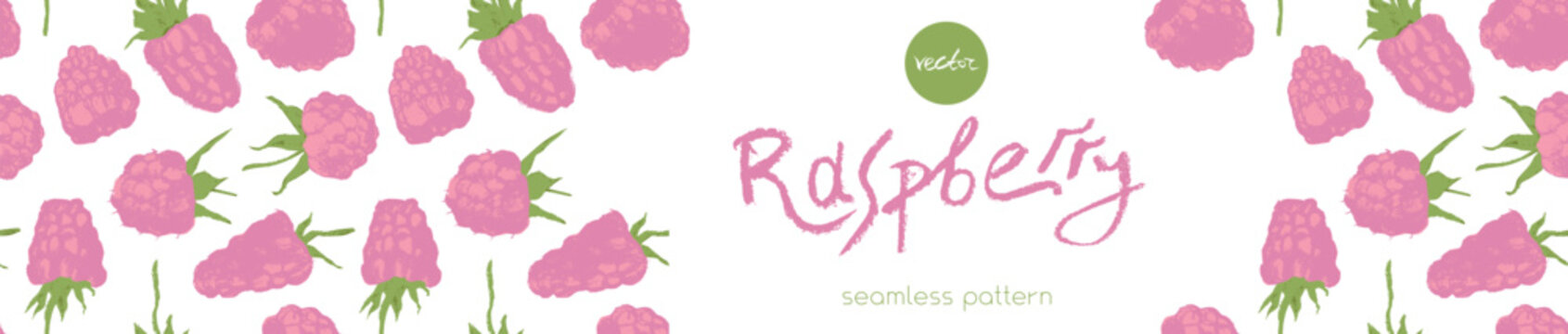 Abstract raspberry hand drawn illustrations. Pink raspberries pattern seamless for textile design, fabric ornament, banner with floral decor. Juice or jam label design. Pink wild berry background.