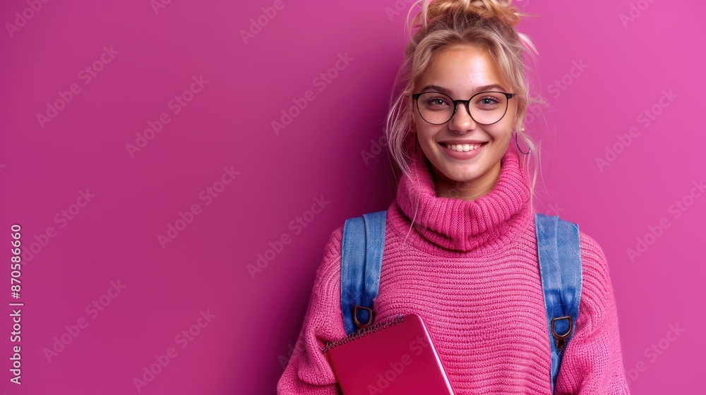 Wall mural a young woman wearing glasses and a pink sweater stands against a bright pink wall