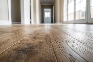 Wood floor. Light wooden flooring closeup. Shiny new hardwood floor. House renovation, changing floor to parquet. Beautiful golden handscraped oiled oak brushed for texture grain. Empty living room
