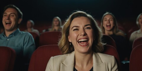 Fototapeta premium A laughing young woman in the cinema watching a comedy movie. Generative AI