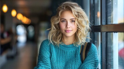 Fototapeta premium A young woman with blonde, curly hair stands by a window, gazing out with a soft expression