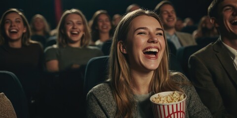 A laughing young woman in the cinema watching a comedy movie. Generative AI